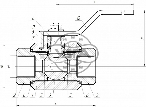 Кран шаровой разборный трехсоставной муфтовый Dn 15 Pn 16, 12Х18Н10Т, 11нж45п